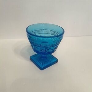 Vintage Blue Embossed Glass Goblet Dessert Wine Chalice Footed Dish